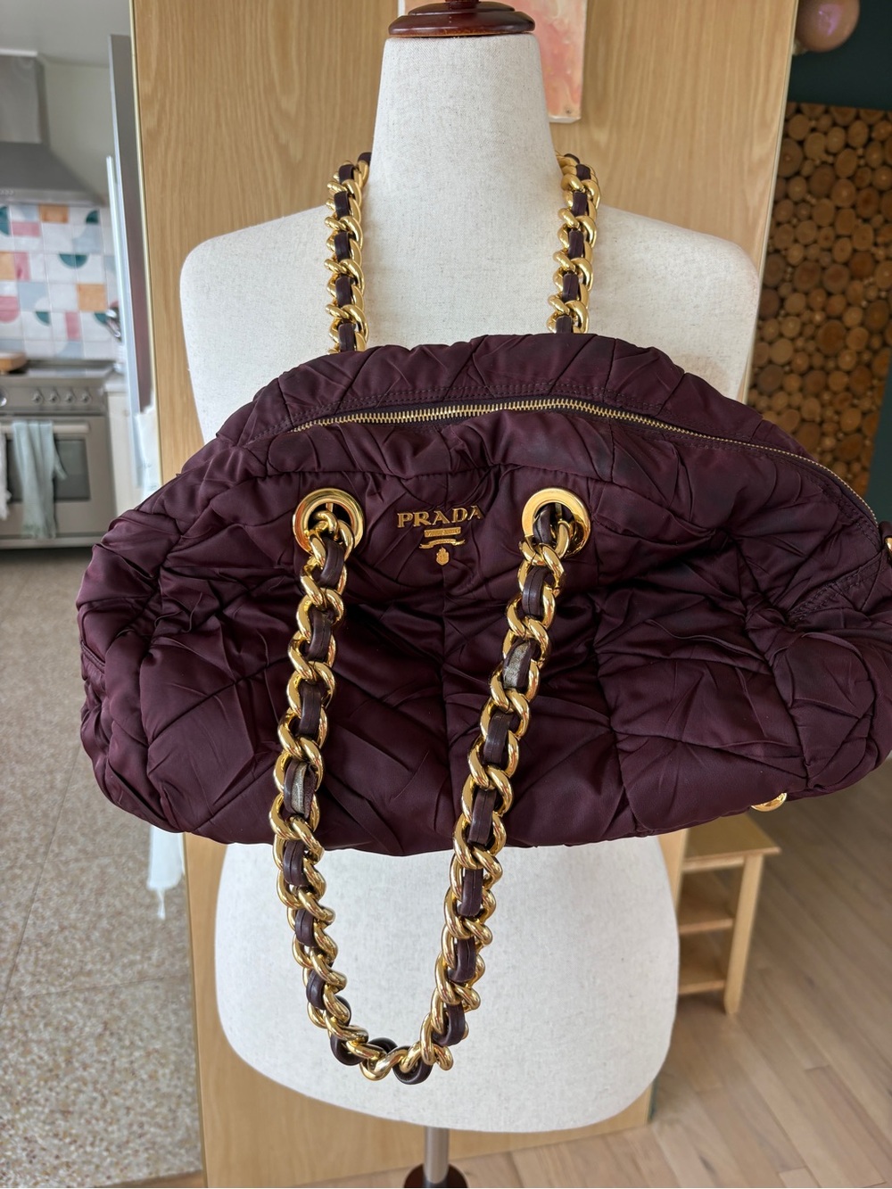 Prada Quilted Shoulder Tote in Deep Aubergine with Gold Chain